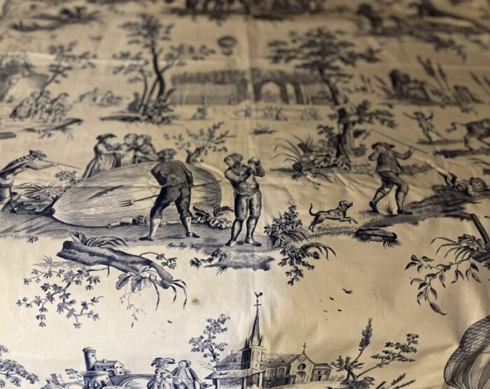 vintage french blue and white toile de jouy fabric panel with country scenes of hot air balloons and horses 3484