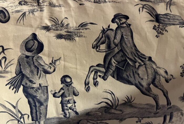 vintage french blue and white toile de jouy fabric panel with country scenes of hot air balloons and horses 3887