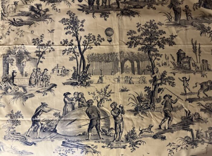 vintage french blue and white toile de jouy fabric panel with country scenes of hot air balloons and horses 6146