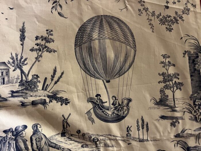 vintage french blue and white toile de jouy fabric panel with country scenes of hot air balloons and horses 6616