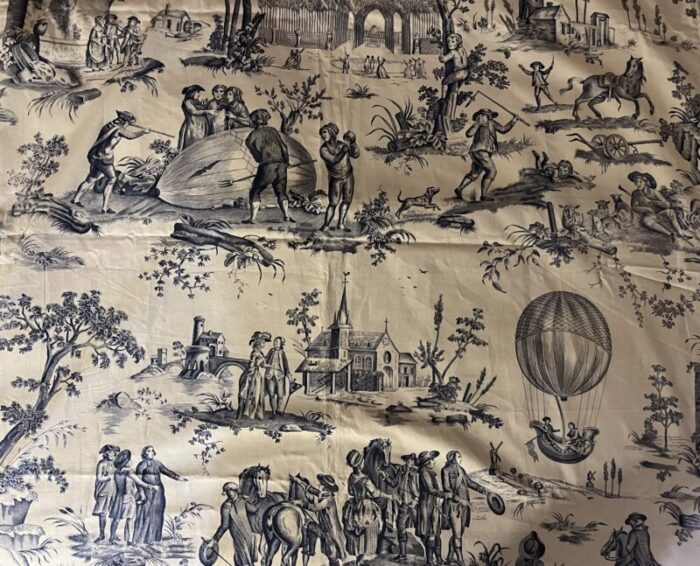 vintage french blue and white toile de jouy fabric panel with country scenes of hot air balloons and horses 7823