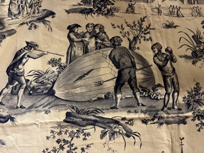 vintage french blue and white toile de jouy fabric panel with country scenes of hot air balloons and horses 8934