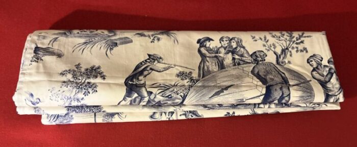 vintage french blue and white toile de jouy fabric panel with country scenes of hot air balloons and horses 9965