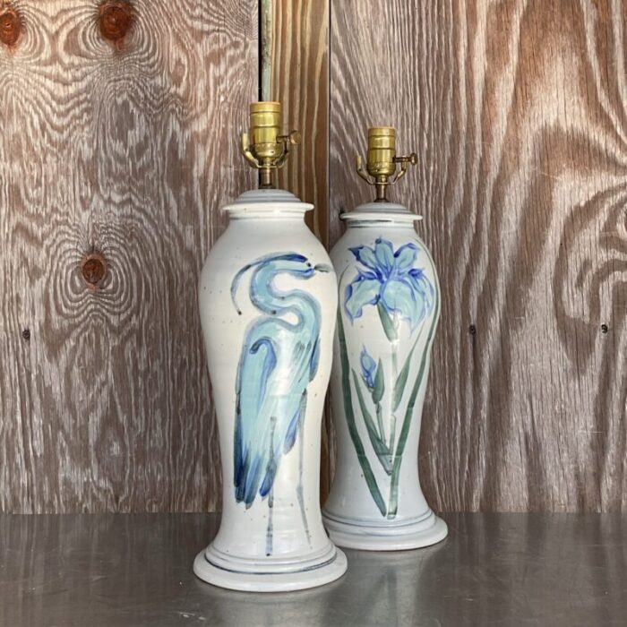 vintage hand painted ceramic crane bamboo motif pair 3444