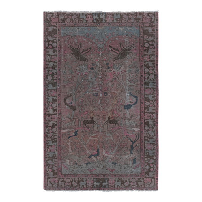 vintage handknotted animal garden rug with rich border 42 x 67 6038