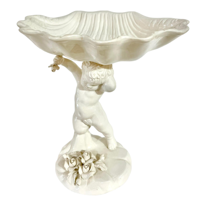 vintage italian capodimonte style ceramic shell with putti cherub base 8528