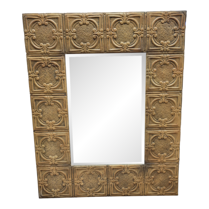 vintage large pressed tin tile mirror 3948