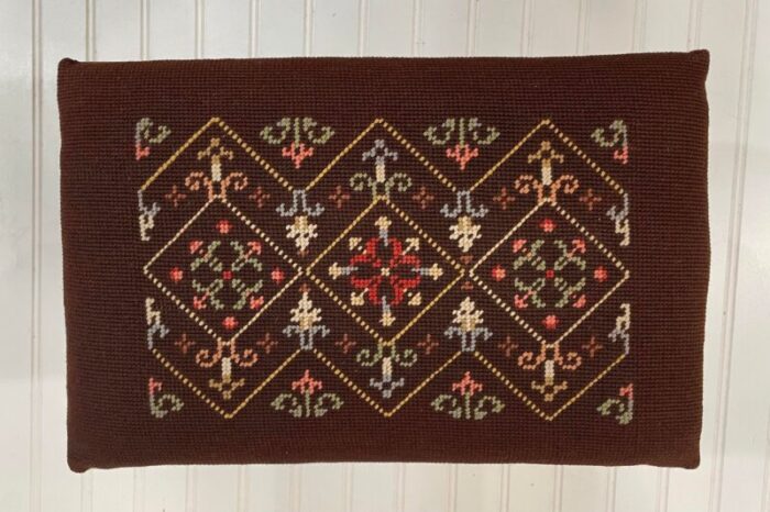 vintage lattice needlepoint walnut footstool 0508