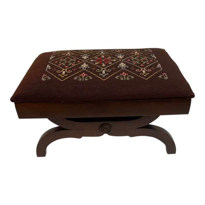 vintage lattice needlepoint walnut footstool 4996