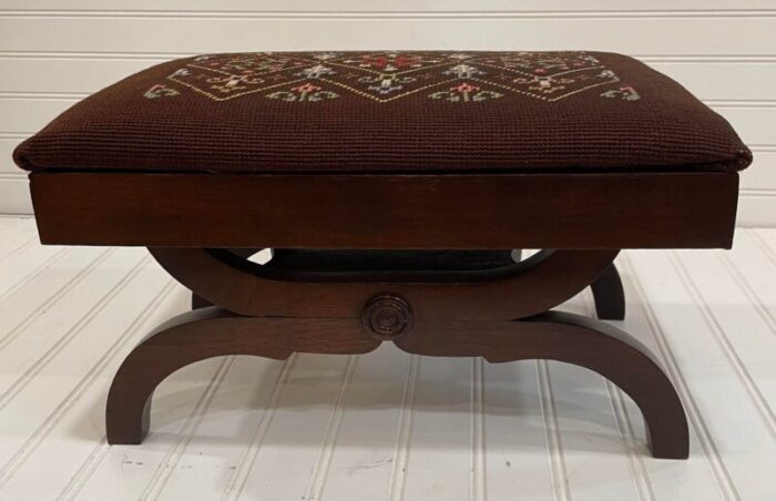 vintage lattice needlepoint walnut footstool 7218