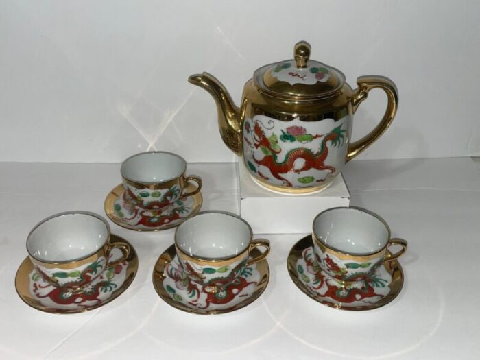 vintage mid century chinese import dragon and phoenix gold trim 9 piece tea set 4000