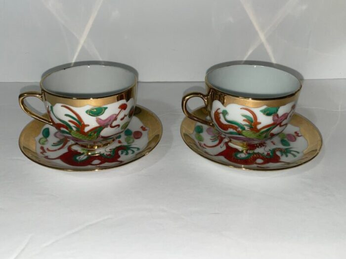 vintage mid century chinese import dragon and phoenix gold trim 9 piece tea set 5106