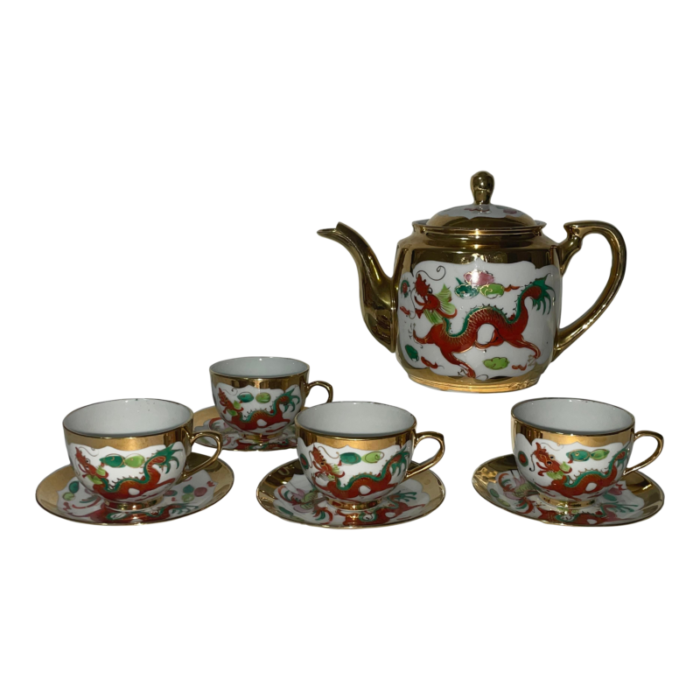 vintage mid century chinese import dragon and phoenix gold trim 9 piece tea set 5729