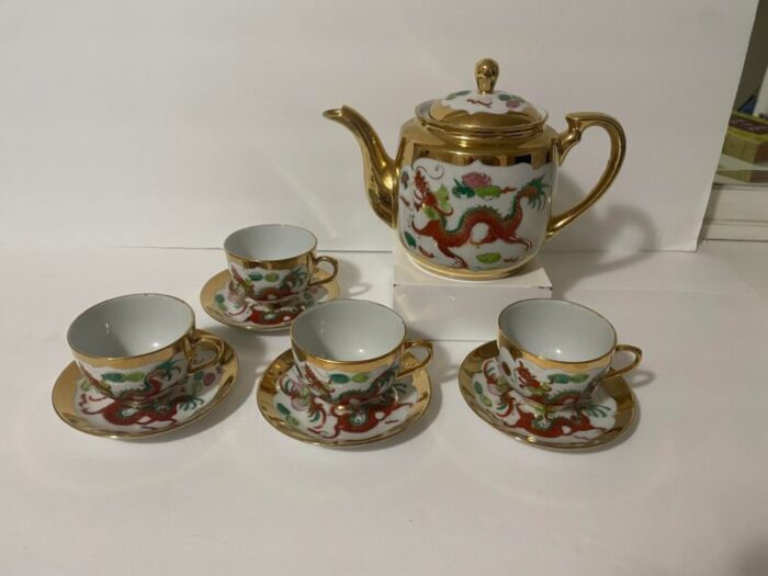 vintage mid century chinese import dragon and phoenix gold trim 9 piece tea set 6107