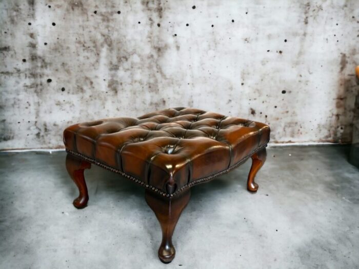 vintage mid century english leather button tufted chesterfield footstool ottoman brown 0476