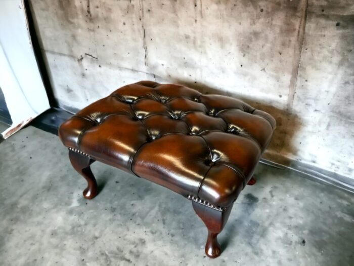 vintage mid century english leather button tufted chesterfield footstool ottoman brown 1686