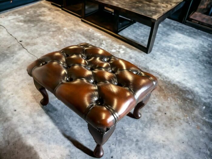 vintage mid century english leather button tufted chesterfield footstool ottoman brown 4831