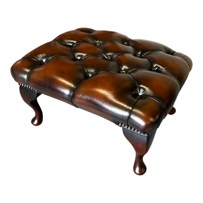 vintage mid century english leather button tufted chesterfield footstool ottoman brown 4994