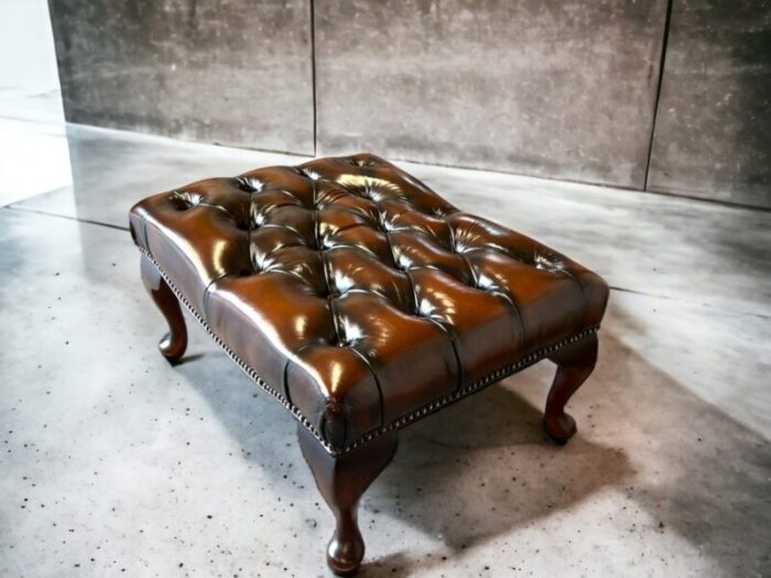 vintage mid century english leather button tufted chesterfield footstool ottoman brown 6252