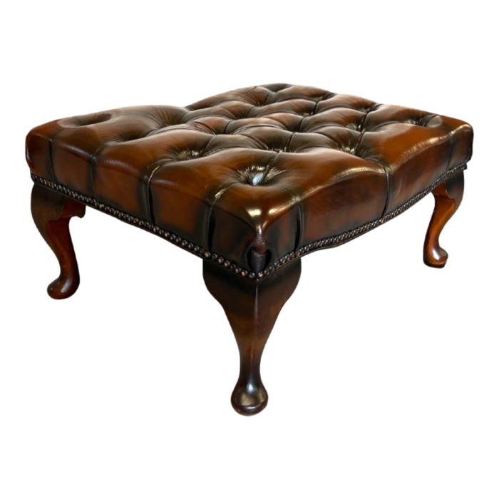 vintage mid century english leather button tufted chesterfield footstool ottoman brown 8503