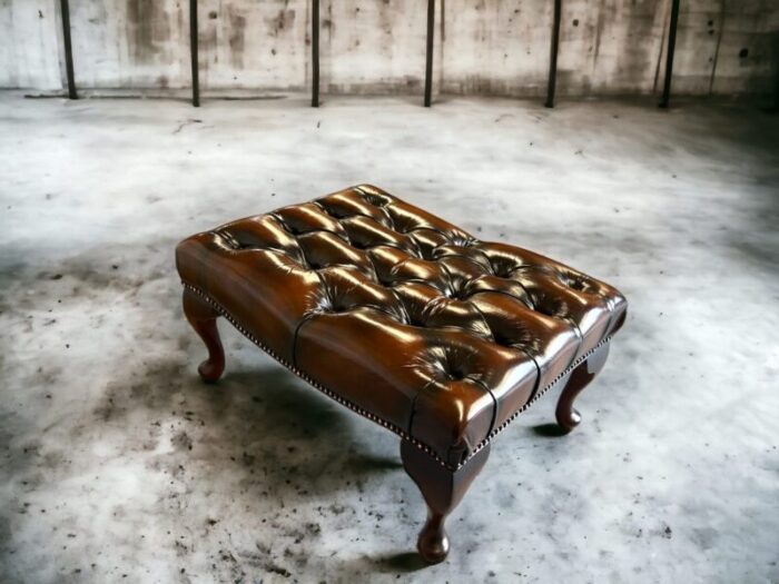 vintage mid century english leather button tufted chesterfield footstool ottoman brown 9850