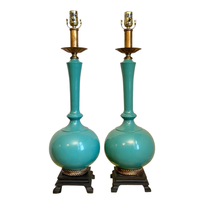 vintage mid century hollywood regency turquoise lamps 0914