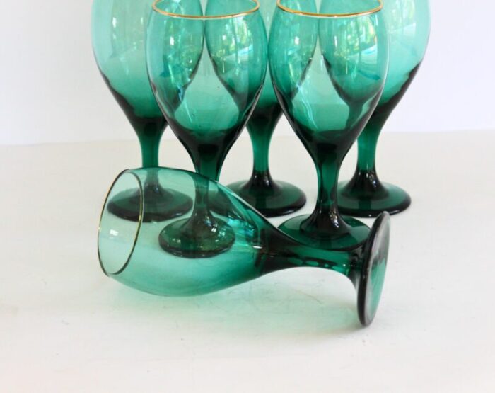 vintage mid century modern libby tulip stemware emerald green set of 6 wine water glasses 2165