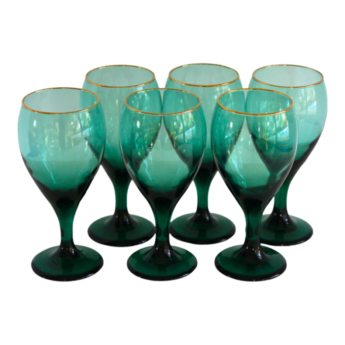 vintage mid century modern libby tulip stemware emerald green set of 6 wine water glasses 7751