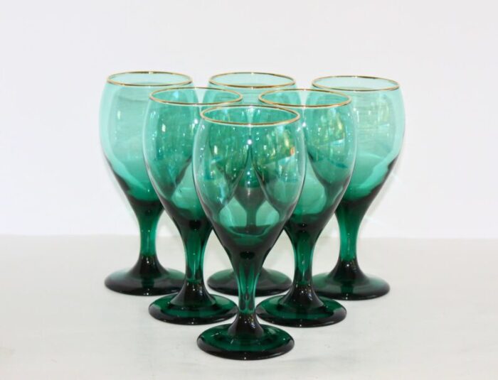 vintage mid century modern libby tulip stemware emerald green set of 6 wine water glasses 7983