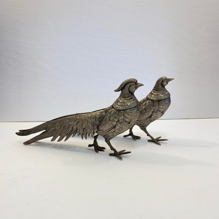 vintage mid century silver tone metal pheasants a pair 0075