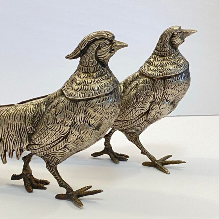 vintage mid century silver tone metal pheasants a pair 0364