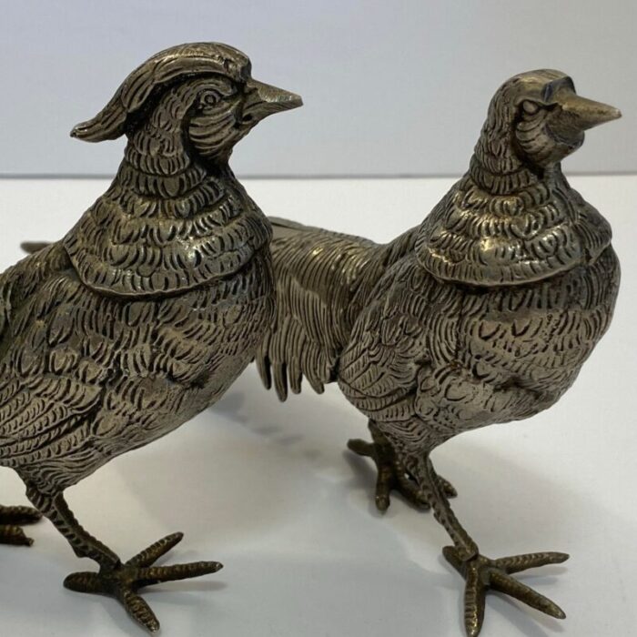 vintage mid century silver tone metal pheasants a pair 0752