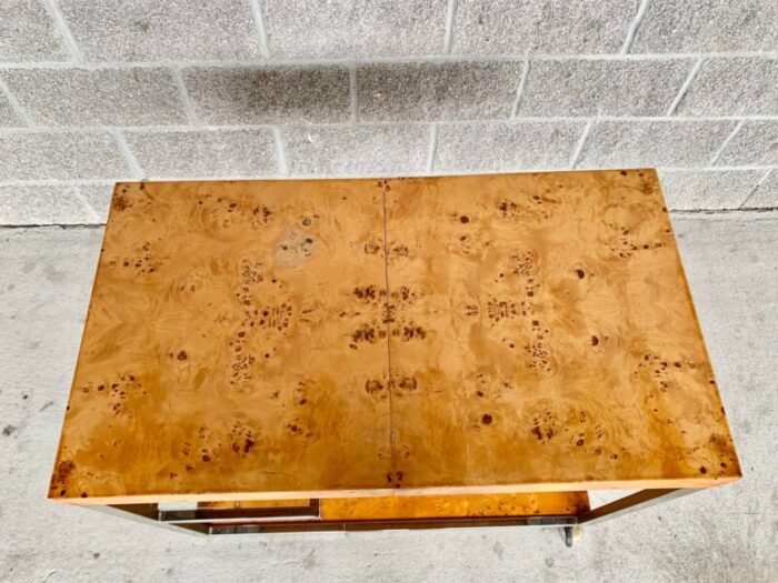 vintage milo baughman burl wood and chrome bar cart 1709