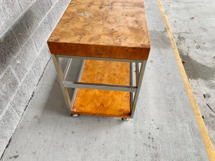 vintage milo baughman burl wood and chrome bar cart 2347