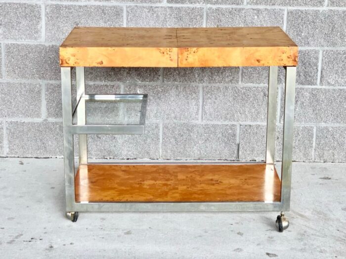 vintage milo baughman burl wood and chrome bar cart 2764