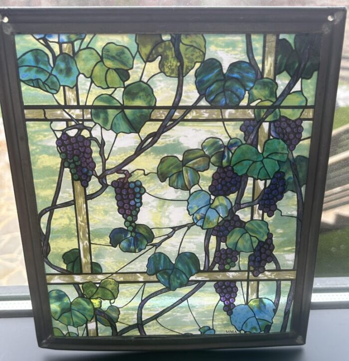 vintage mma louis tiffany grape vine painted glass panel 1143