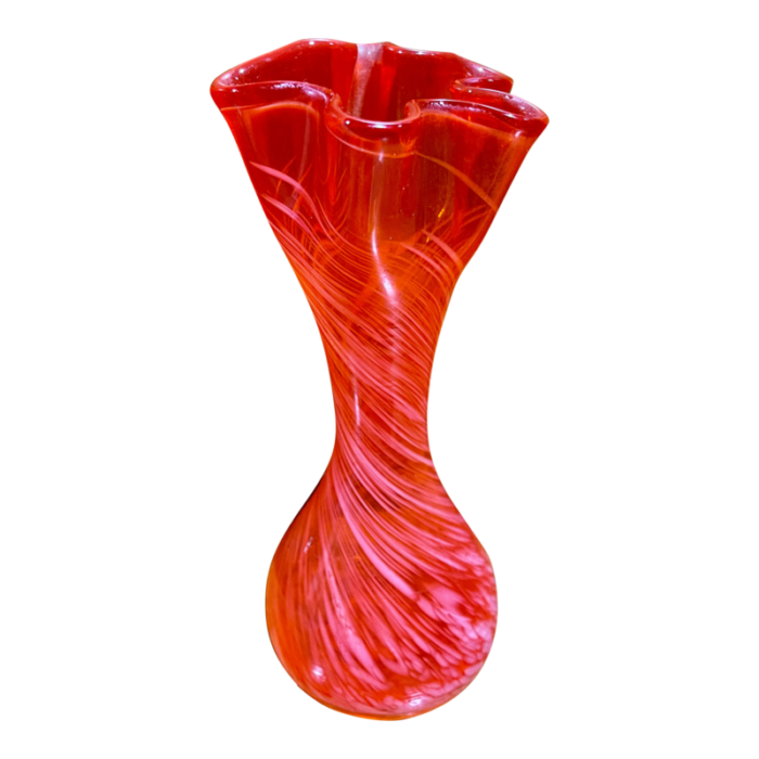 vintage murano style hand blown glass swirl vase with flowing top deep orange red 4966