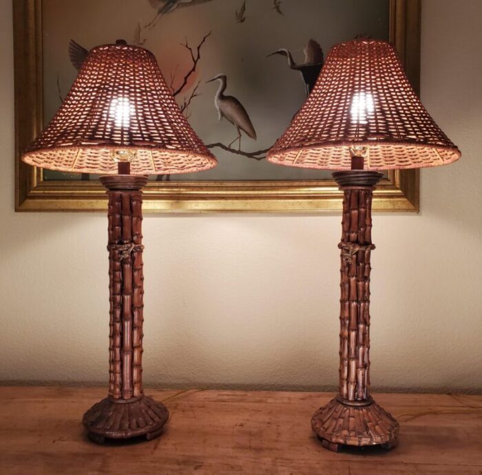 vintage pair mid 20th century rattan bamboo table lamps with woven rattanwicker lamp shades 0993