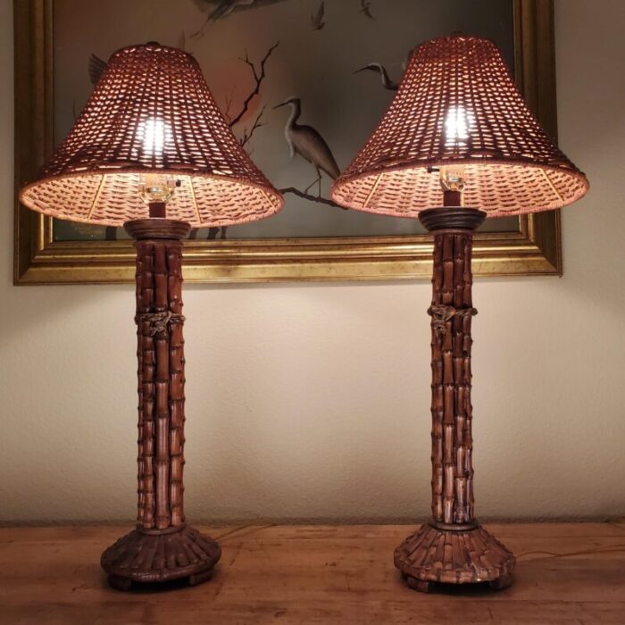 vintage pair mid 20th century rattan bamboo table lamps with woven rattanwicker lamp shades 1329