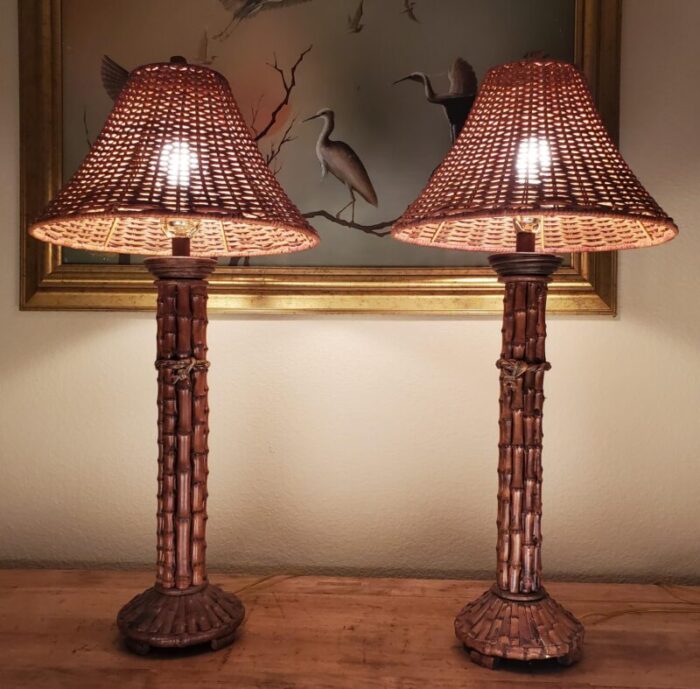 vintage pair mid 20th century rattan bamboo table lamps with woven rattanwicker lamp shades 3336