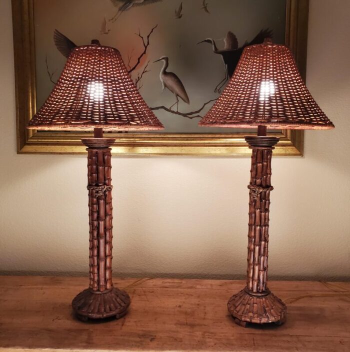 vintage pair mid 20th century rattan bamboo table lamps with woven rattanwicker lamp shades 4773