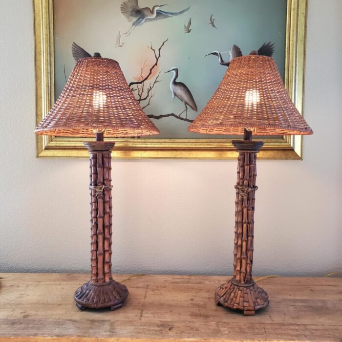 vintage pair mid 20th century rattan bamboo table lamps with woven rattanwicker lamp shades 6939