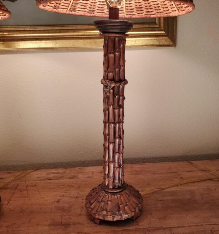 vintage pair mid 20th century rattan bamboo table lamps with woven rattanwicker lamp shades 9458