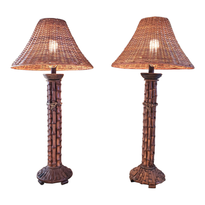 vintage pair mid 20th century rattan bamboo table lamps with woven rattanwicker lamp shades 9788