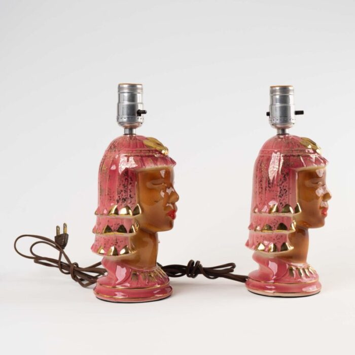 vintage pink and gold ceramic goddess lamp bases a pair 2079