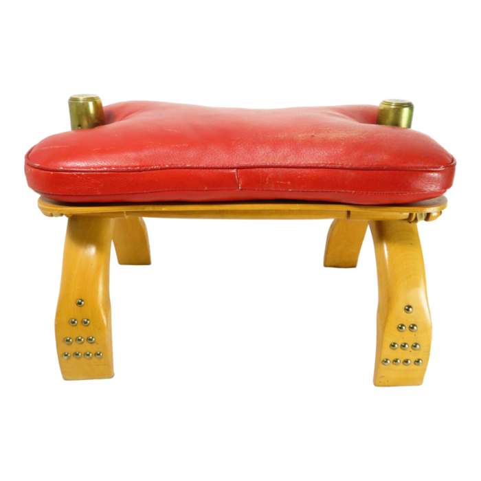 vintage red leather camel saddle footstool ottoman bench mid century art 1429