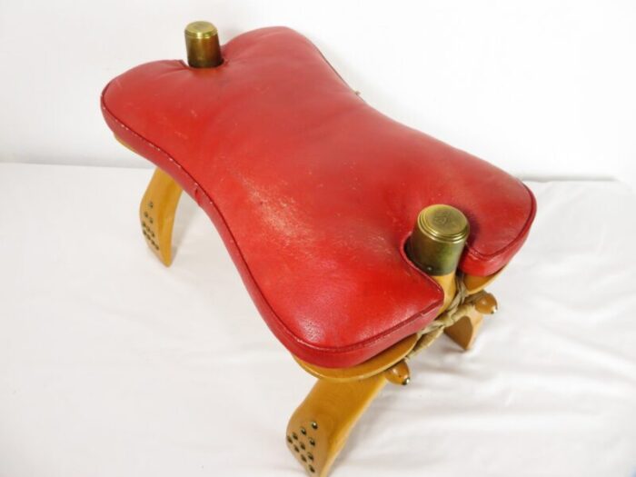 vintage red leather camel saddle footstool ottoman bench mid century art 3380