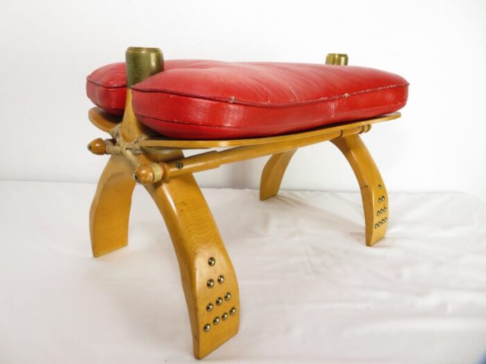 vintage red leather camel saddle footstool ottoman bench mid century art 7547