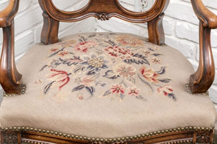 vintage regency style carved needlepoint armchairs set of 2 2358