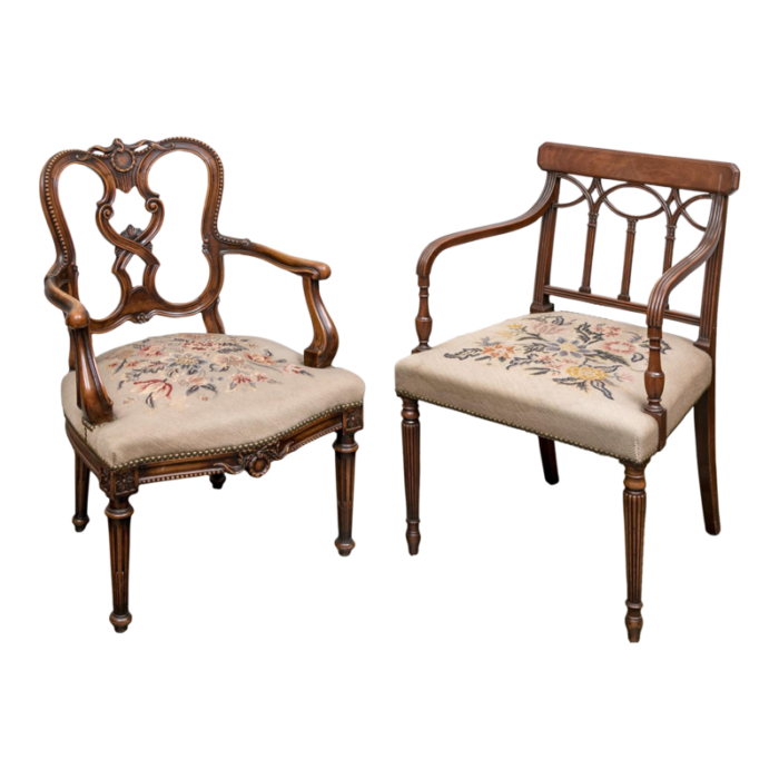 vintage regency style carved needlepoint armchairs set of 2 8275